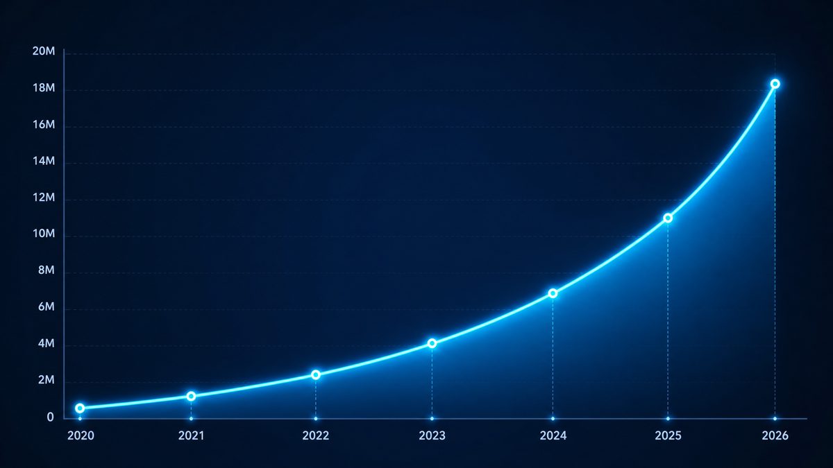 91大事件用户增长数据图表,展示2020-2026年注册用户从50万增长至1800万的趋势